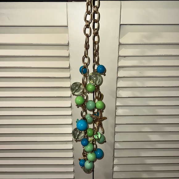 J Crew Bubble Chunky Starfish Green Blue Charm Gold Tone Adj. Necklace 30" - Picture 4 of 7